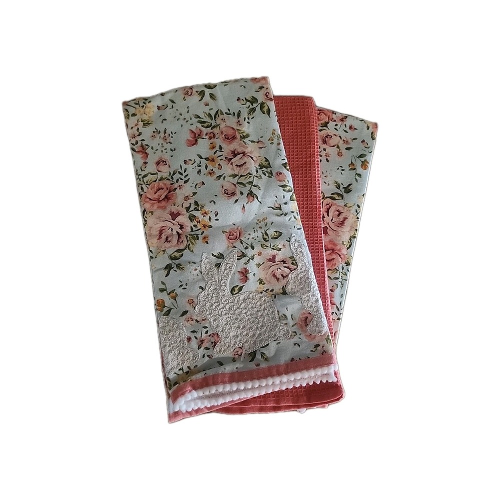 SET 3/Shabby Chic Kitchen Towels Blue Floral, Bunnies, Coral Waffle Weave NWOT